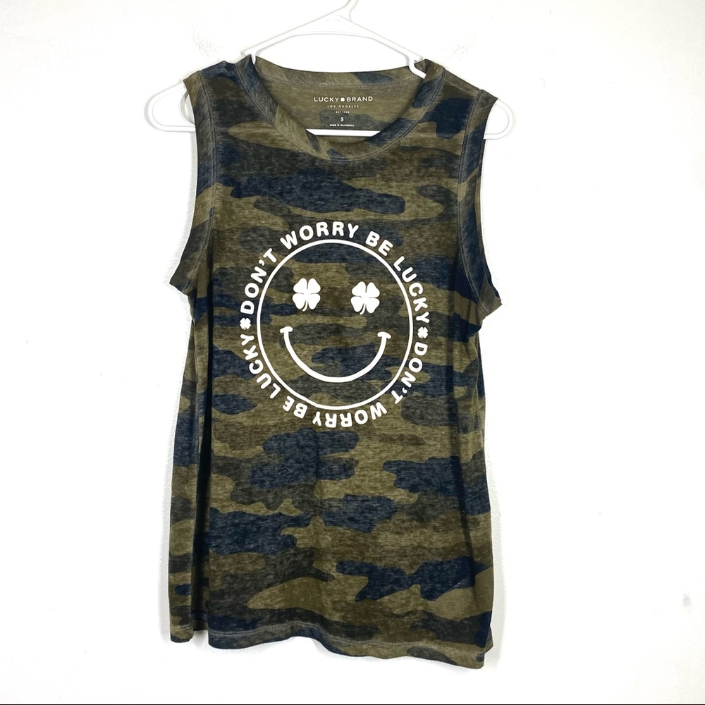LUCKY BRAND Don’t Worry Camo Smiley Face Tank Top Graphic Tee Small